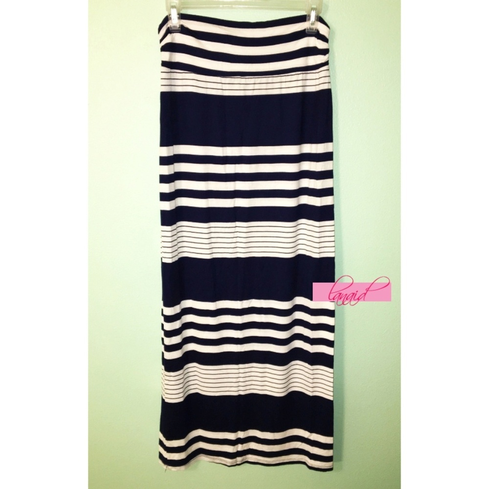 Navy White Ivory Striped Ruched Long Maxi Midi High-Waist Soft Sundress Skirt L